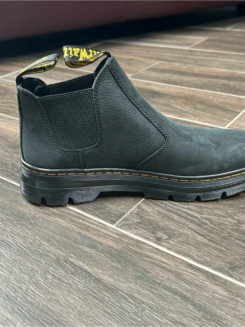 Dr. Martens Black Hardie II Boots with Yellow Stitching